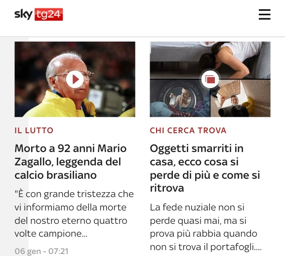 Morte de Zagallo foi destaque na TV e portal da Sky TG24 | Foto: Reprodução 