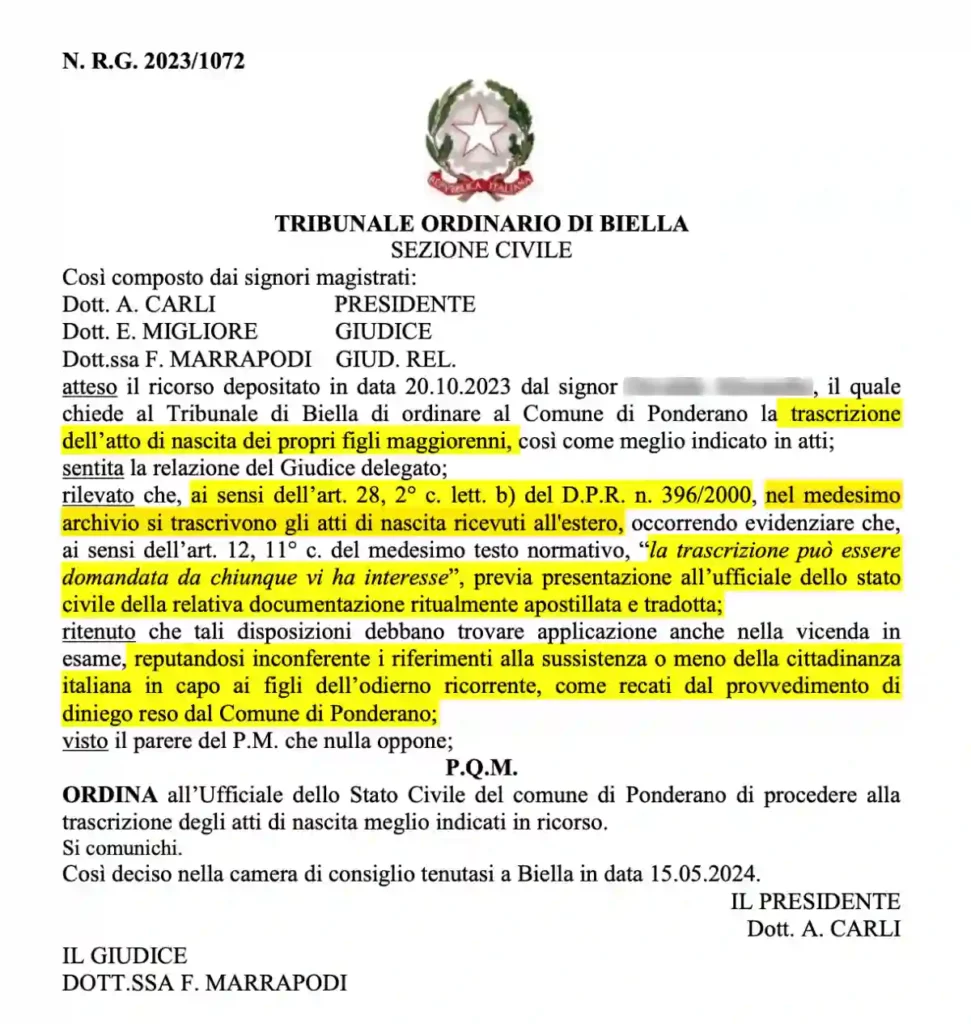 Vitória para ítalo-brasileiros: Tribunal de Biella abre precedente para simplificação do registro de filhos adultos de italianos